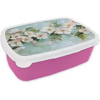 MuchoWow Broodtrommel Roze - Lunchbox Bloesem - Bladeren - Lichtblauw - Brooddoos 18x12x6 cm - Brood lunch box - Broodtrommels voor kinderen en volwassenen