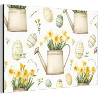 MuchoWow Aluminium schilderij 60x40 cm - Wanddecoratie metaal - Gieter - Bloemen - Eieren - Metalen muurdecoratie woonkamer - Decoratie industrieel - Foto op dibond - Industriële accessoires slaapkamer