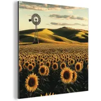MuchoWow Aluminium schilderij 90x90 cm - Wanddecoratie metaal - Zonnebloem - Veld - Windmolen - Metalen muurdecoratie woonkamer - Decoratie industrieel - Foto op dibond - Industriële accessoires slaapkamer