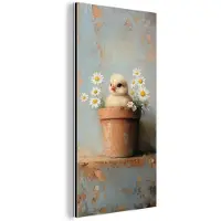 MuchoWow Aluminium schilderij 80x160 cm - Wanddecoratie metaal - Bloempot - Kuiken - Bloemetjes - Metalen muurdecoratie woonkamer - Decoratie industrieel - Foto op dibond - Industriële accessoires slaapkamer