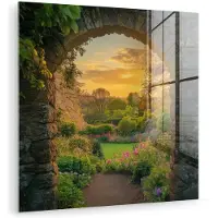 MuchoWow Glasschilderij 90x90 cm - Schilderij acrylglas - Poort - Planten - Zonsondergang - Foto op glas - Muurdecoratie woonkamer - Wanddecoratie slaapkamer - Schilderijen