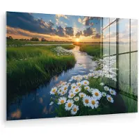 MuchoWow Glasschilderij 150x100 cm - Schilderij acrylglas - Beekje - Landschap - Margriet - Foto op glas - Muurdecoratie woonkamer - Wanddecoratie slaapkamer - Schilderijen