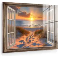 MuchoWow Glasschilderij 40x30 cm - Schilderij acrylglas - Doorkijk - Strand - Duinen - Zonsondergang - Foto op glas - Muurdecoratie woonkamer - Wanddecoratie slaapkamer - Schilderijen