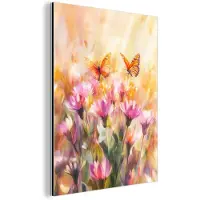MuchoWow Aluminium schilderij 120x160 cm - Wanddecoratie metaal - Vlinders - Oranje - Bloemen - Metalen muurdecoratie woonkamer - Decoratie industrieel - Foto op dibond - Industriële accessoires slaapkamer