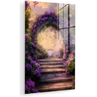 MuchoWow Glasschilderij 40x60 cm - Schilderij acrylglas - Poort - Paars - Bloemen - Foto op glas - Muurdecoratie woonkamer - Wanddecoratie slaapkamer - Schilderijen