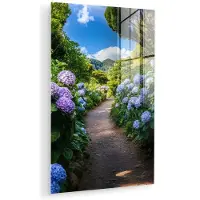 MuchoWow Glasschilderij 100x150 cm - Schilderij acrylglas - Hortsensia - Pad - Bloemen - Foto op glas - Muurdecoratie woonkamer - Wanddecoratie slaapkamer - Schilderijen