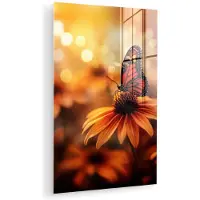MuchoWow Glasschilderij 120x180 cm - Schilderij acrylglas - Vlinder - Bloemen - Oranje - Foto op glas - Muurdecoratie woonkamer - Wanddecoratie slaapkamer - Schilderijen