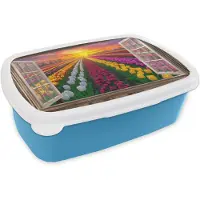 MuchoWow Broodtrommel Blauw - Lunchbox Doorkijk - Bloemen - Tulpen - Kleurrijk - Zonsondergang - Brooddoos 18x12x6 cm - Brood lunch box - Broodtrommels voor kinderen en volwassenen