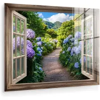 MuchoWow Glasschilderij 160x120 cm - Schilderij acrylglas - Doorkijk - Hortensia - Pad - Natuur - Foto op glas - Muurdecoratie woonkamer - Wanddecoratie slaapkamer - Schilderijen