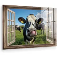 MuchoWow Glasschilderij 60x40 cm - Schilderij acrylglas - Doorkijk - Koe - Weiland - Dieren - Natuur - Foto op glas - Muurdecoratie woonkamer - Wanddecoratie slaapkamer - Schilderijen