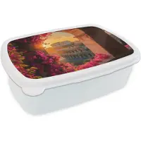 MuchoWow Broodtrommel Wit - Lunchbox Colosseum - Rome - Roze Bloemen - Brooddoos 18x12x6 cm - Brood lunch box - Broodtrommels voor kinderen en volwassenen
