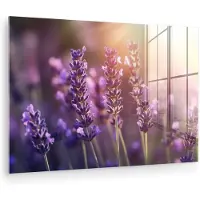 MuchoWow Glasschilderij 60x40 cm - Schilderij acrylglas - Lavendelbloemen - Paars - Zonlicht - Foto op glas - Muurdecoratie woonkamer - Wanddecoratie slaapkamer - Schilderijen