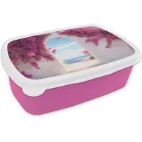 MuchoWow Broodtrommel Roze - Lunchbox Zee - Roze - Bloemen - Poort - Brooddoos 18x12x6 cm - Brood lunch box - Broodtrommels voor kinderen en volwassenen