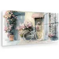 MuchoWow Glasschilderij 40x20 cm - Schilderij acrylglas - Fiets - Pastelkleuren - Bloemen - Foto op glas - Muurdecoratie woonkamer - Wanddecoratie slaapkamer - Schilderijen