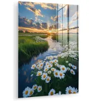 MuchoWow Glasschilderij 30x40 cm - Schilderij acrylglas - Beekje - Landschap - Margriet - Foto op glas - Muurdecoratie woonkamer - Wanddecoratie slaapkamer - Schilderijen