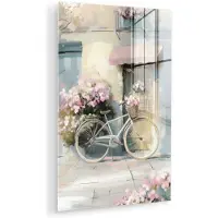 MuchoWow Glasschilderij 60x90 cm - Schilderij acrylglas - Fiets - Pastelkleuren - Bloemen - Foto op glas - Muurdecoratie woonkamer - Wanddecoratie slaapkamer - Schilderijen