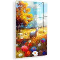 MuchoWow Glasschilderij 40x60 cm - Schilderij acrylglas - Schaap - Weide - Bloemen - Foto op glas - Muurdecoratie woonkamer - Wanddecoratie slaapkamer - Schilderijen