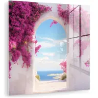 MuchoWow Glasschilderij 20x20 cm - Schilderij acrylglas - Zee - Roze - Bloemen - Poort - Foto op glas - Muurdecoratie woonkamer - Wanddecoratie slaapkamer - Schilderijen