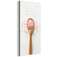 MuchoWow Aluminium schilderij 40x80 cm - Wanddecoratie metaal - Lepel - Zout - Roze - Metalen muurdecoratie woonkamer - Decoratie industrieel - Foto op dibond - Industriële accessoires slaapkamer