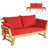 Costway Tuinbank met ligfunctie, tuinbank met kussens en inklapbare armleuning, balkonbank van hout, zitbank voor tuin, terras, balkon, 198 x 75 x 75 cm, rood