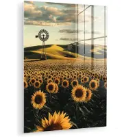 MuchoWow Glasschilderij 120x160 cm - Schilderij acrylglas - Zonnebloem - Veld - Windmolen - Foto op glas - Muurdecoratie woonkamer - Wanddecoratie slaapkamer - Schilderijen