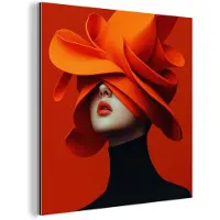 MuchoWow Aluminium schilderij 90x90 cm - Wanddecoratie metaal - Oranje - Hoed - Vrouw - Metalen muurdecoratie woonkamer - Decoratie industrieel - Foto op dibond - Industriële accessoires slaapkamer