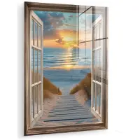 MuchoWow Glasschilderij 30x40 cm - Schilderij acrylglas - Doorkijk - Strand - Pad - Zonsondergang - Foto op glas - Muurdecoratie woonkamer - Wanddecoratie slaapkamer - Schilderijen