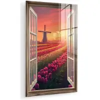 MuchoWow Glasschilderij 120x180 cm - Schilderij acrylglas - Doorkijk - Tulpen - Zonsondergang - Bloemen - Kleurrijk - Foto op glas - Muurdecoratie woonkamer - Wanddecoratie slaapkamer - Schilderijen
