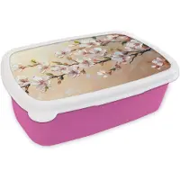 MuchoWow Broodtrommel Roze - Lunchbox Bloesemtakken - Schilderachtig - Roze - Brooddoos 18x12x6 cm - Brood lunch box - Broodtrommels voor kinderen en volwassenen