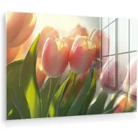 MuchoWow Glasschilderij 180x120 cm - Schilderij acrylglas - Tulpen - Roze - Zonnestralen - Foto op glas - Muurdecoratie woonkamer - Wanddecoratie slaapkamer - Schilderijen