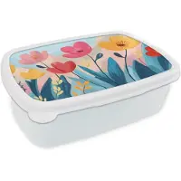 MuchoWow Broodtrommel Wit - Lunchbox Illustratie - Bloemen - Kleurrijk - Brooddoos 18x12x6 cm - Brood lunch box - Broodtrommels voor kinderen en volwassenen