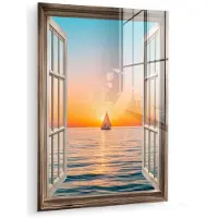 MuchoWow Glasschilderij 120x160 cm - Schilderij acrylglas - Doorkijk - Zee - Boot - Zonsondergang - Foto op glas - Muurdecoratie woonkamer - Wanddecoratie slaapkamer - Schilderijen