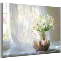 MuchoWow Aluminium schilderij 180x120 cm - Wanddecoratie metaal - Vaas - Eieren - Bloemen - Metalen muurdecoratie woonkamer - Decoratie industrieel - Foto op dibond - Industriële accessoires slaapkamer