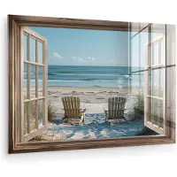 MuchoWow Glasschilderij 150x100 cm - Schilderij acrylglas - Doorkijk - Strandstoelen - Duinen - Zee - Natuur - Foto op glas - Muurdecoratie woonkamer - Wanddecoratie slaapkamer - Schilderijen