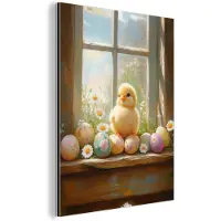 MuchoWow Aluminium schilderij 90x120 cm - Wanddecoratie metaal - Kuiken - Raam - Paaseieren - Metalen muurdecoratie woonkamer - Decoratie industrieel - Foto op dibond - Industriële accessoires slaapkamer