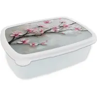 MuchoWow Broodtrommel Wit - Lunchbox Bloesem - Kunstzinnig - Roze - Sakura - Brooddoos 18x12x6 cm - Brood lunch box - Broodtrommels voor kinderen en volwassenen