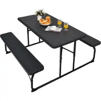 Costway Inklapbare picknicktafel met banken, 136 cm, campingtafelset voor buiten, biertentgarnituur, biertafelgarnituur voor terras, tuin (zwart)