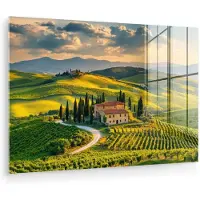 MuchoWow Glasschilderij 90x60 cm - Schilderij acrylglas - Toscane - Landschap - Wijngaarden - Foto op glas - Muurdecoratie woonkamer - Wanddecoratie slaapkamer - Schilderijen