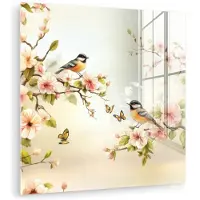 MuchoWow Glasschilderij 20x20 cm - Schilderij acrylglas - Takken - Bloemen - Vogeltjes - Roze - Foto op glas - Muurdecoratie woonkamer - Wanddecoratie slaapkamer - Schilderijen