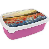 MuchoWow Broodtrommel Roze - Lunchbox Klaproos - Bloemenveld - Kleurrijk - Brooddoos 18x12x6 cm - Brood lunch box - Broodtrommels voor kinderen en volwassenen
