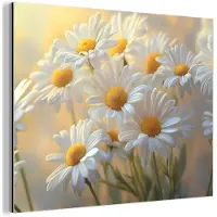 MuchoWow Aluminium schilderij 40x30 cm - Wanddecoratie metaal - Madeliefjes - Wit - Zonlicht - Metalen muurdecoratie woonkamer - Decoratie industrieel - Foto op dibond - Industriële accessoires slaapkamer