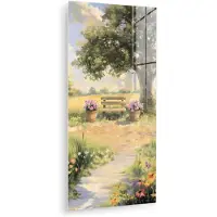 MuchoWow Glasschilderij 80x160 cm - Schilderij acrylglas - Houten bankje - Bloempotten - Landschap - Foto op glas - Muurdecoratie woonkamer - Wanddecoratie slaapkamer - Schilderijen