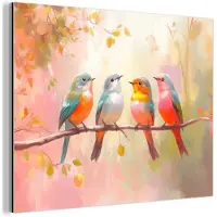 MuchoWow Aluminium schilderij 40x30 cm - Wanddecoratie metaal - Vogels - Kleurrijk Tak - Metalen muurdecoratie woonkamer - Decoratie industrieel - Foto op dibond - Industriële accessoires slaapkamer