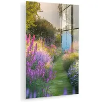 MuchoWow Glasschilderij 40x60 cm - Schilderij acrylglas - Tuinhuisje - Blauw - Bloemen - Foto op glas - Muurdecoratie woonkamer - Wanddecoratie slaapkamer - Schilderijen