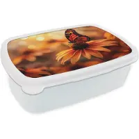 MuchoWow Broodtrommel Wit - Lunchbox Vlinder - Bloemen - Oranje - Brooddoos 18x12x6 cm - Brood lunch box - Broodtrommels voor kinderen en volwassenen