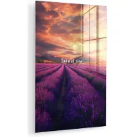 MuchoWow Glasschilderij 40x60 cm - Schilderij acrylglas - Lavendelveld - Quote - Zonsondergang - Foto op glas - Muurdecoratie woonkamer - Wanddecoratie slaapkamer - Schilderijen