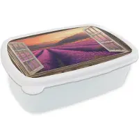 MuchoWow Broodtrommel Wit - Lunchbox Doorkijk - Lavendel - Landschap - Bloemen - Paars - Brooddoos 18x12x6 cm - Brood lunch box - Broodtrommels voor kinderen en volwassenen