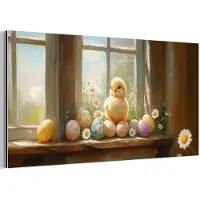 MuchoWow Aluminium schilderij 120x60 cm - Wanddecoratie metaal - Kuiken - Raam - Paaseieren - Metalen muurdecoratie woonkamer - Decoratie industrieel - Foto op dibond - Industriële accessoires slaapkamer