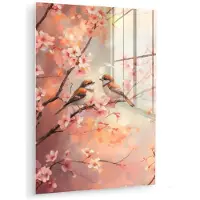 MuchoWow Glasschilderij 120x160 cm - Schilderij acrylglas - Vogels - Romantic - Bloesemtak - Foto op glas - Muurdecoratie woonkamer - Wanddecoratie slaapkamer - Schilderijen