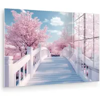 MuchoWow Glasschilderij 180x120 cm - Schilderij acrylglas - Brug - Kersenbomen - Wit - Foto op glas - Muurdecoratie woonkamer - Wanddecoratie slaapkamer - Schilderijen